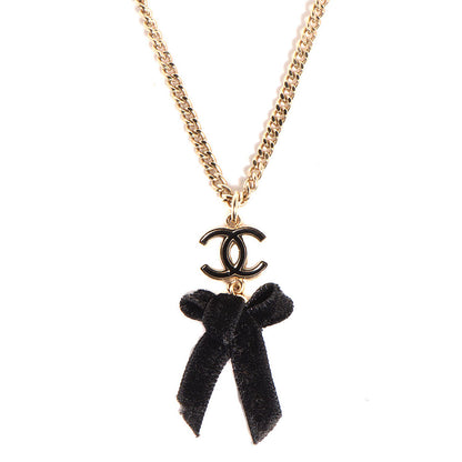 Chanel Enamel Velvet CC Bow Necklace Black Gold 1 of 5