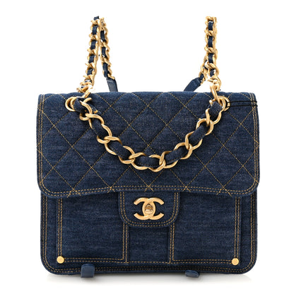Chanel Denim Quilted Double You Backpack Blue Golden 1 of 10