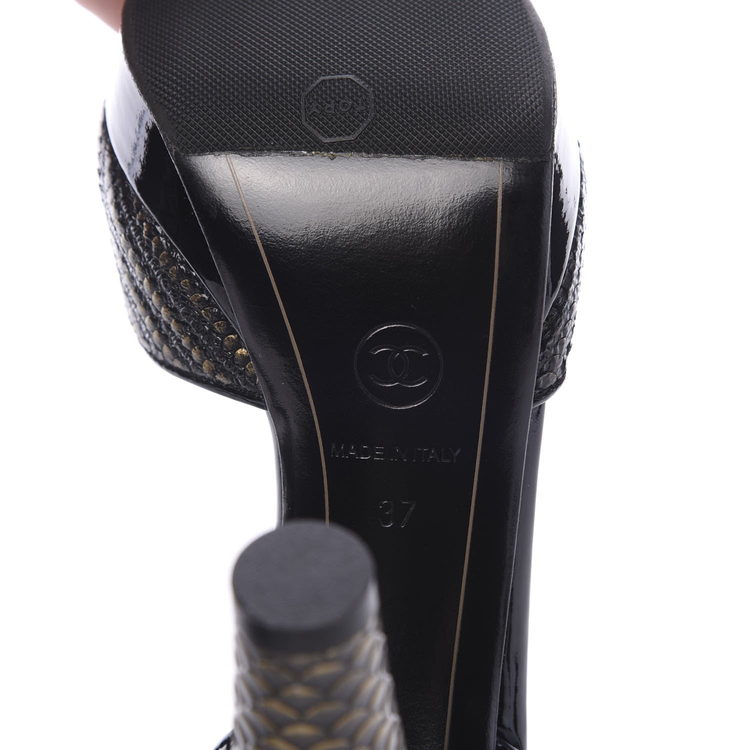Chanel Patent Snakeskin Embossed Cap Toe d'Orsay Pumps 37 Black Multicolor 7 of 10