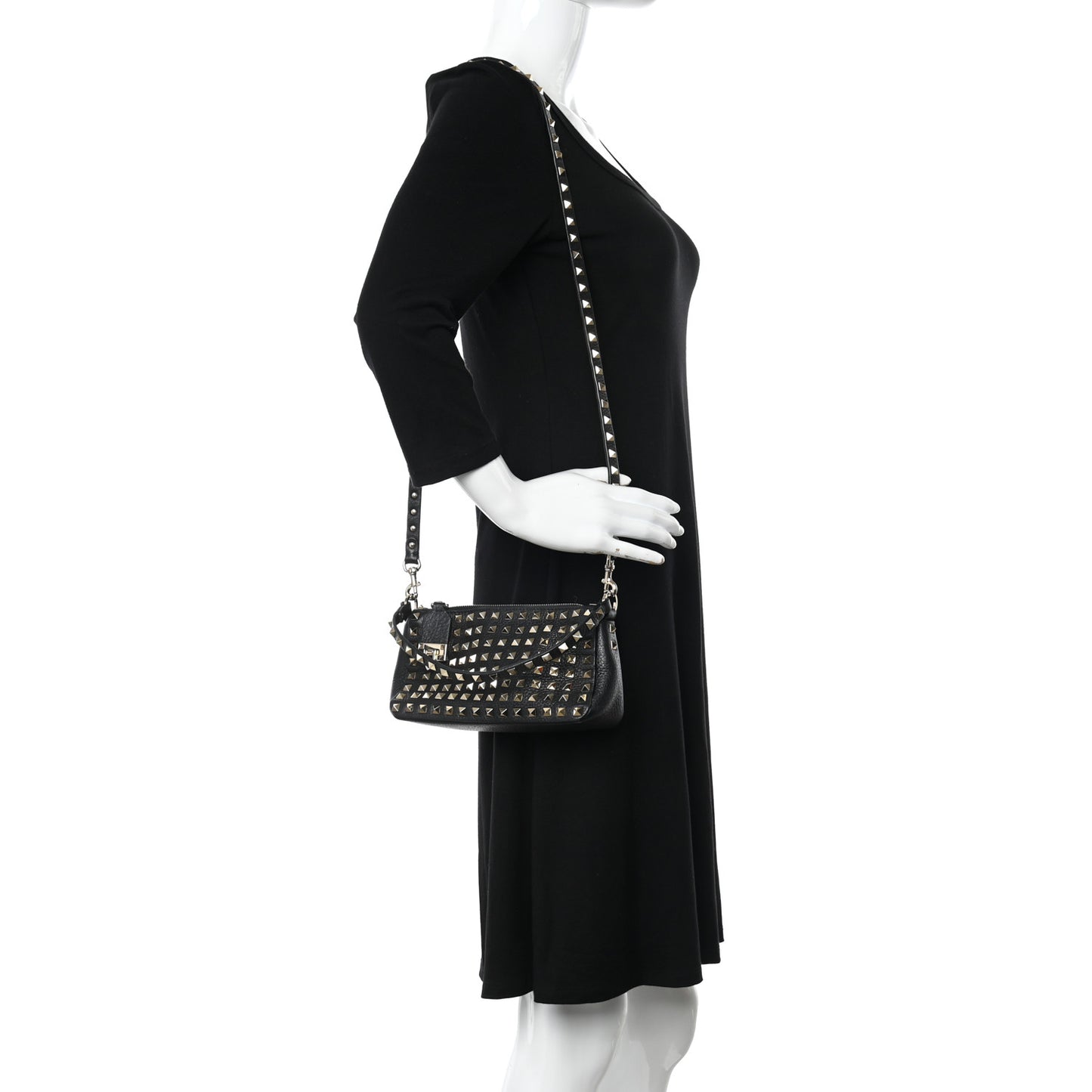 Grained Calfskin Small Rockstud All Over Crossbody Bag Black