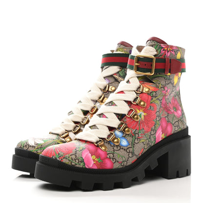 Gucci GG Supreme Monogram Flora Lace Up Combat Ankle Boots 36 Beige Multicolor Red 3 of 9