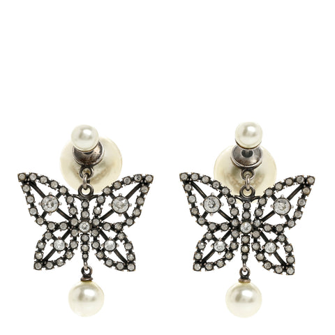 Crystal Pearl Butterfly Drop Earrings Silver