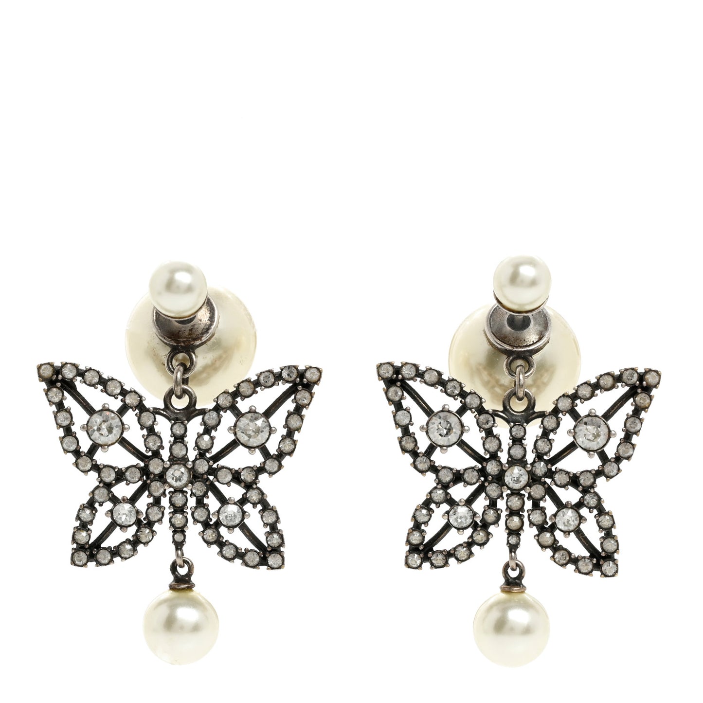 Crystal Pearl Butterfly Drop Earrings White