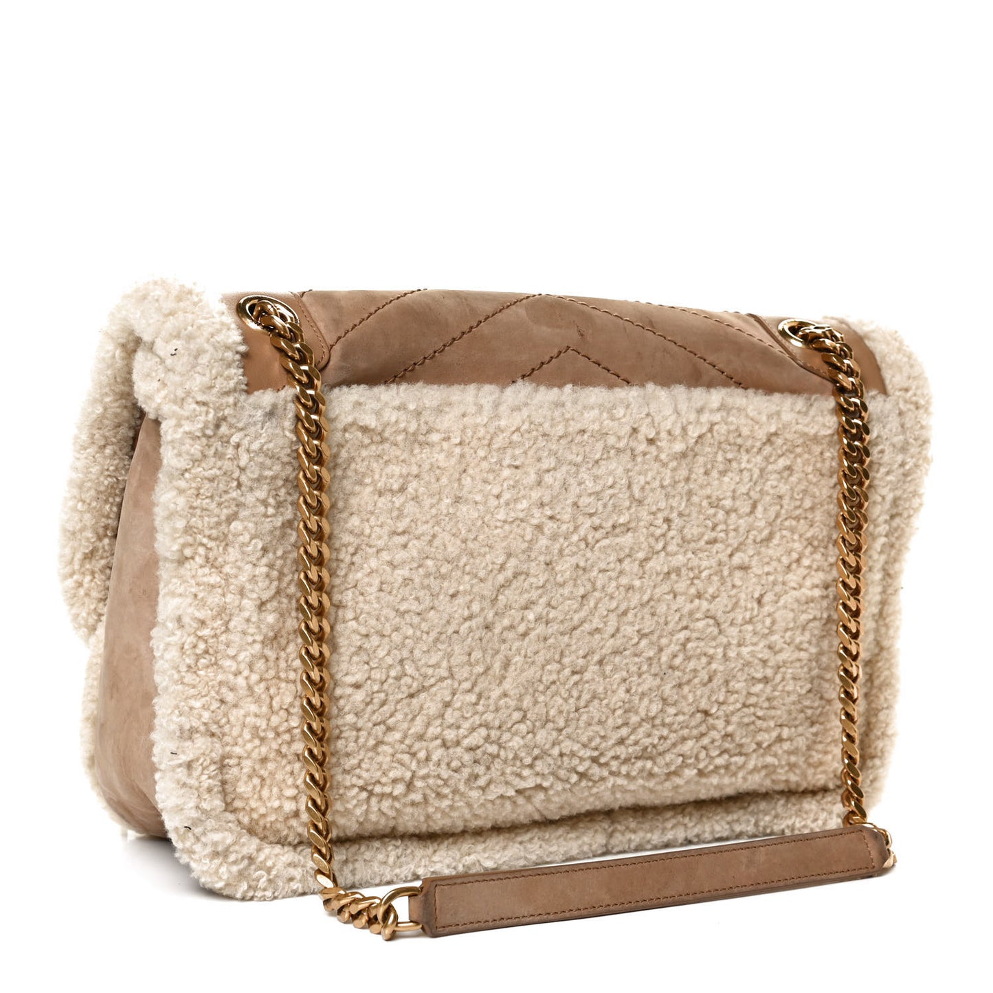 Nubuck Shearling Monogram Medium Niki Chain Satchel Ivory Natural Tan