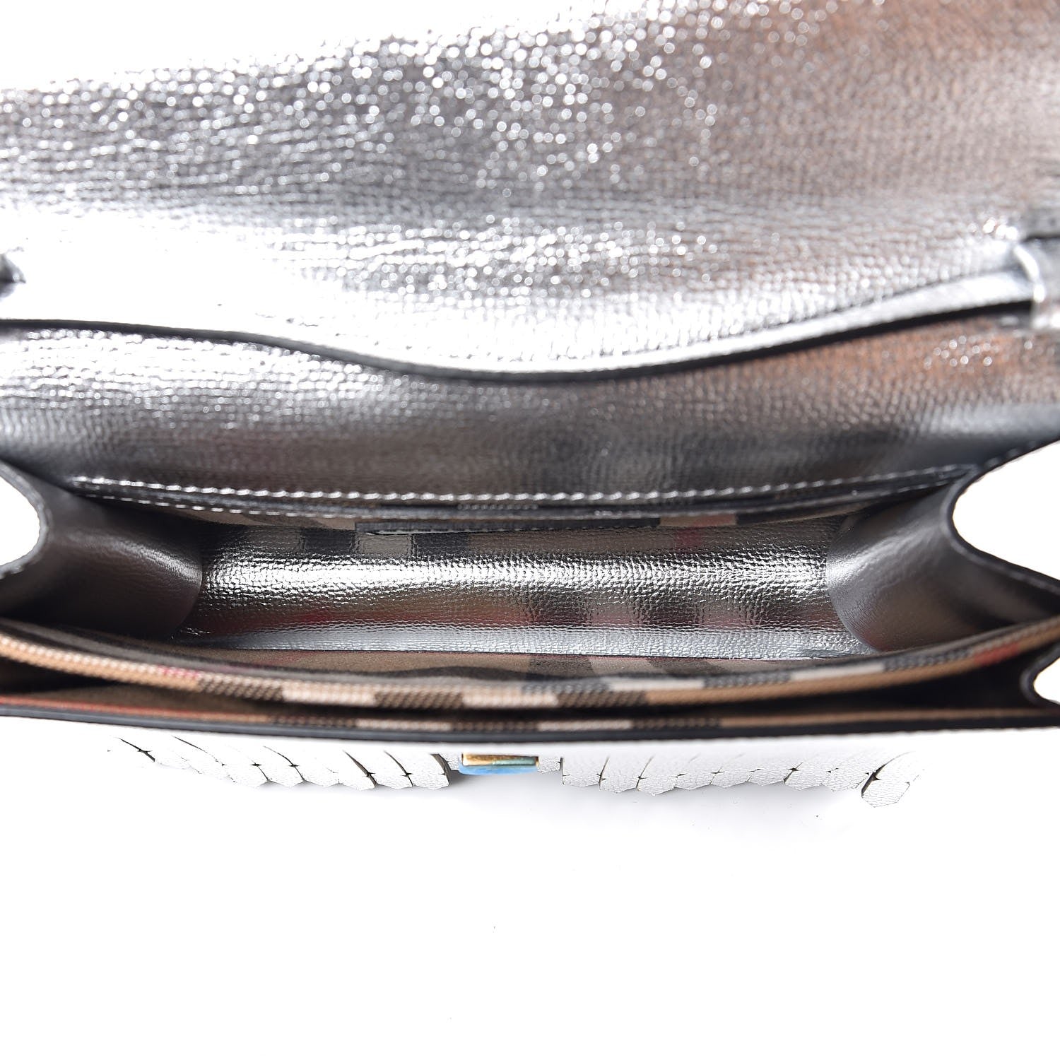 Burberry Metallic Grainy Calfskin Broguing Tassel Small Macken Crossbody Bag Silver 5 of 7