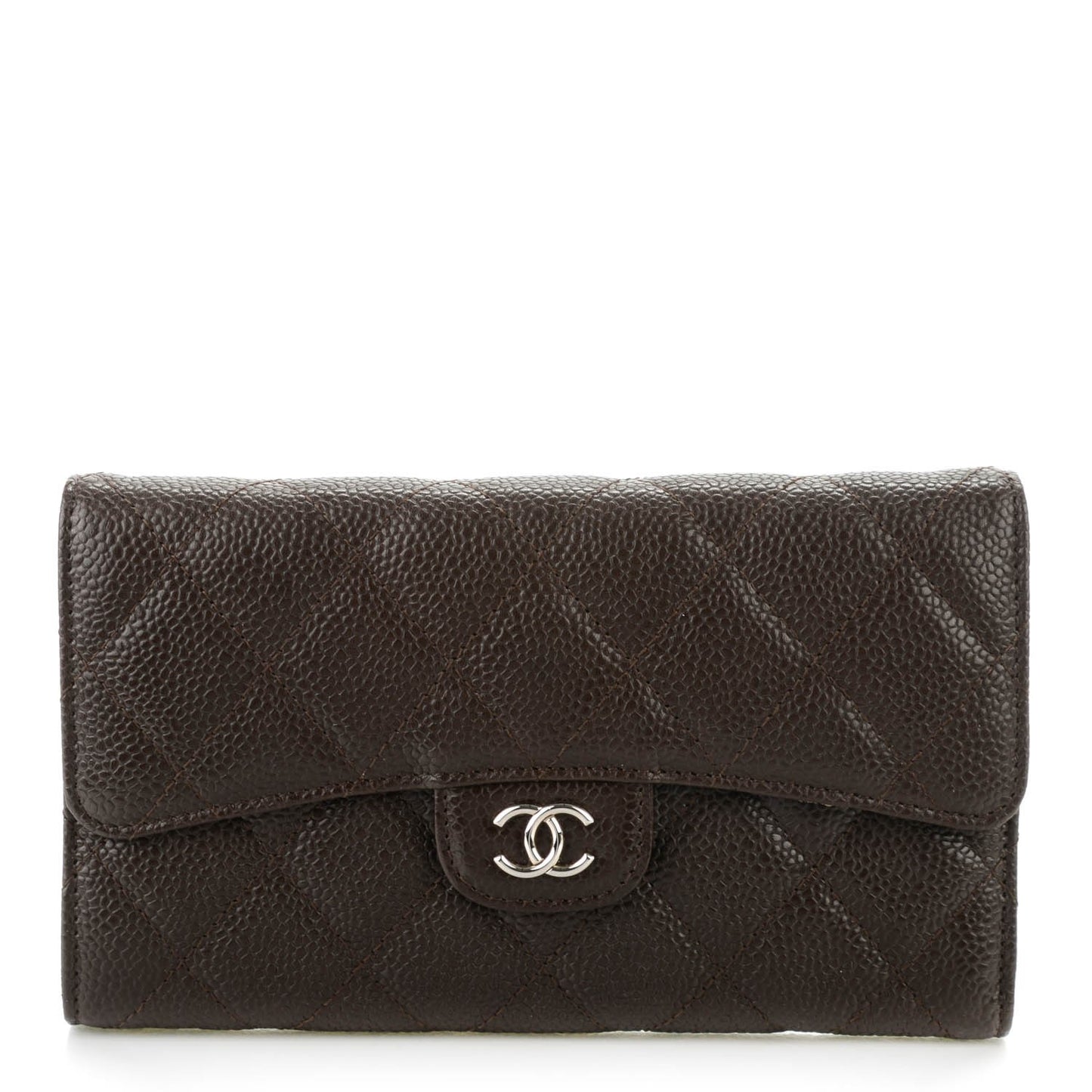 Caviar Quilted Long Flap Wallet Dark Brown