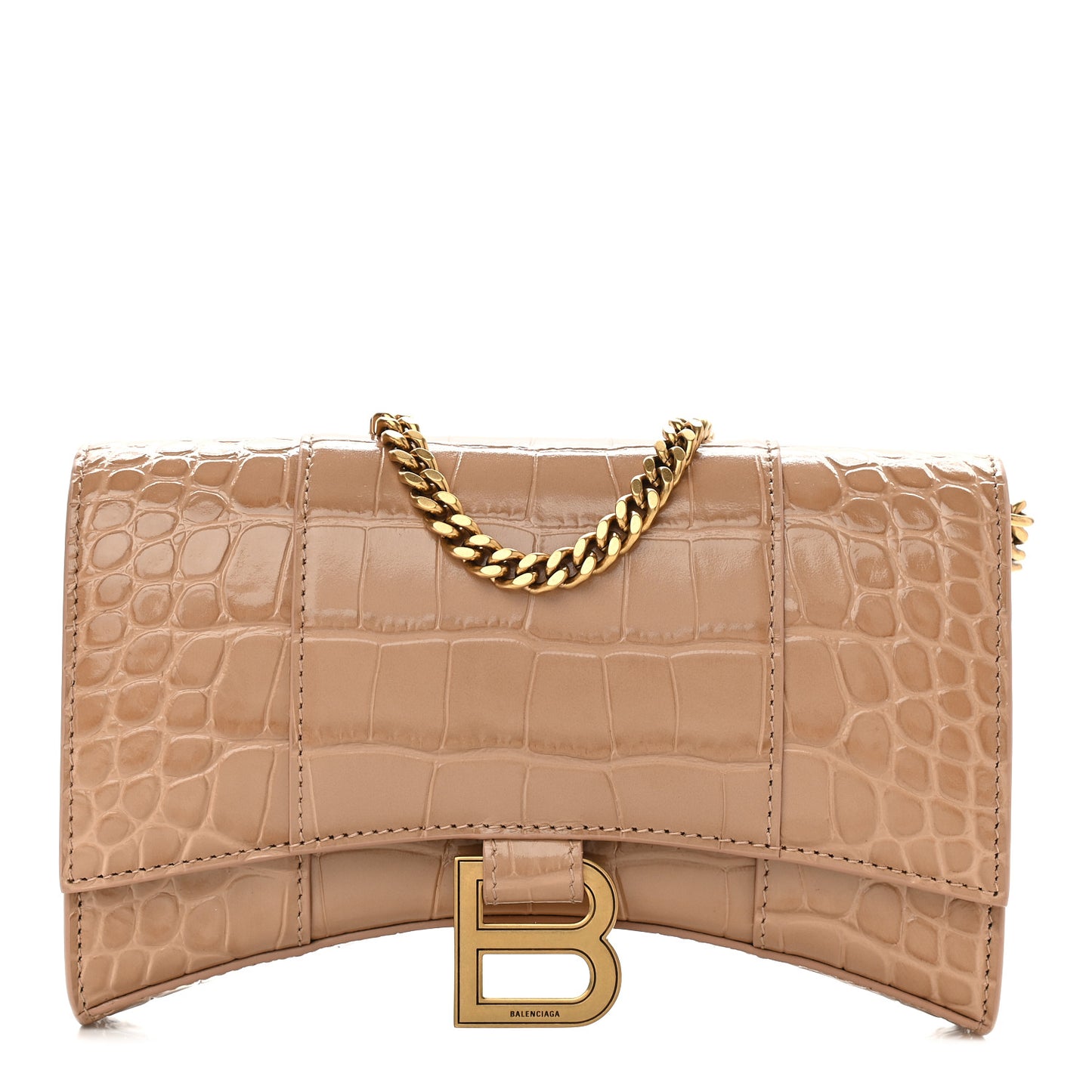 Shiny Calfskin Crocodile Embossed Hourglass Chain Bag Nude Beige