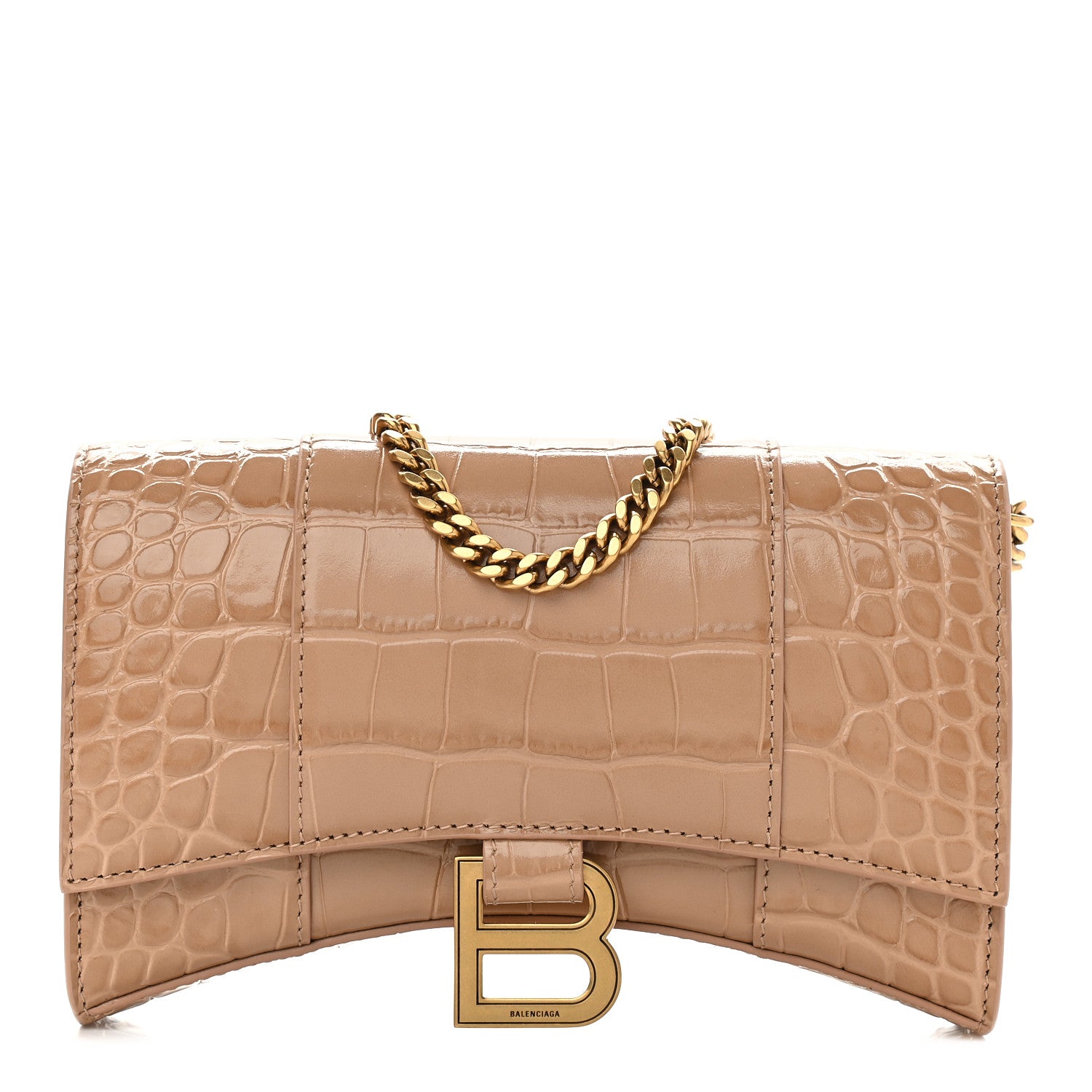 Balenciaga Shiny Calfskin Crocodile Embossed Hourglass Chain Bag Nude Beige 1 of 8