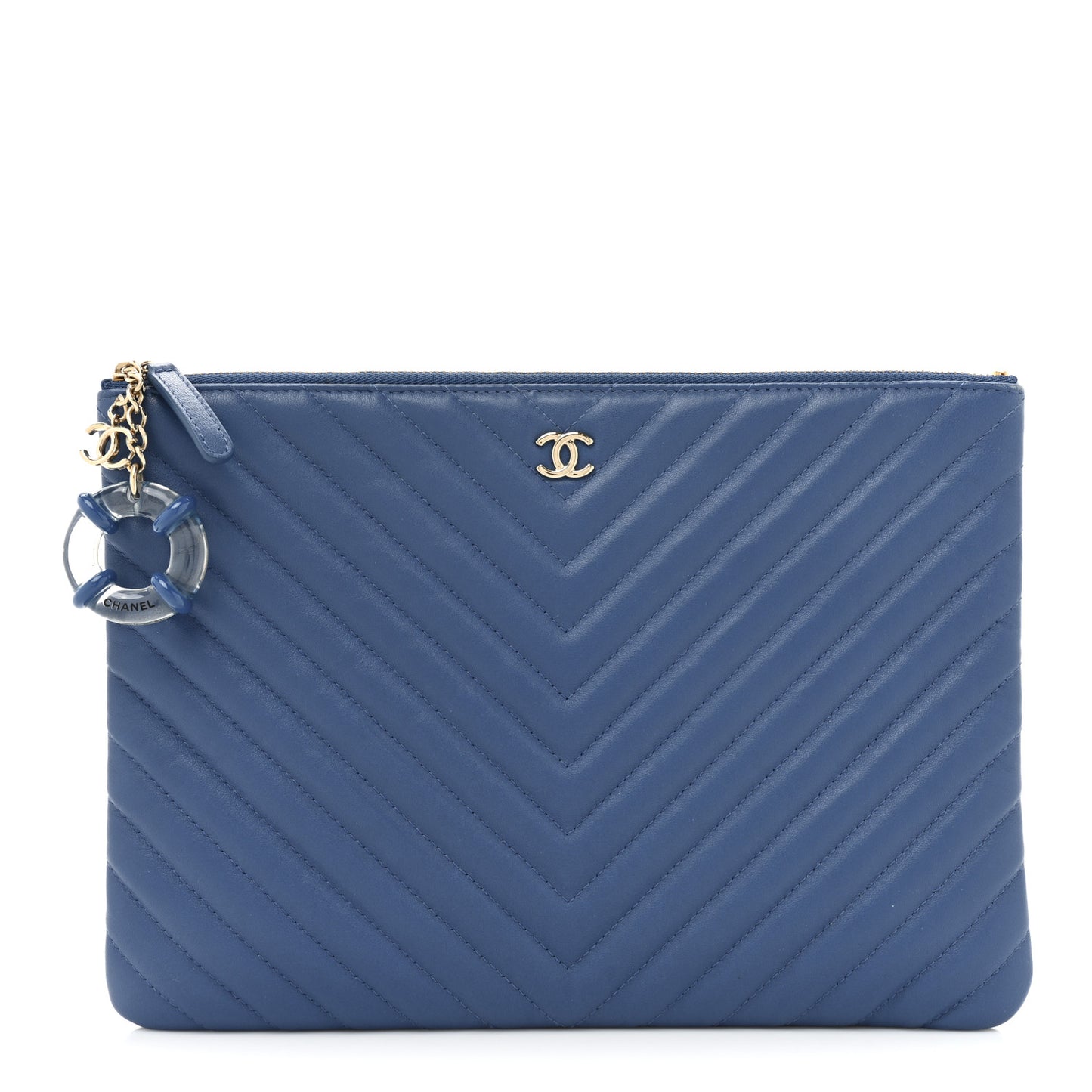 Lambskin Chevron Quilted Charms Medium Cosmetic Case Blue