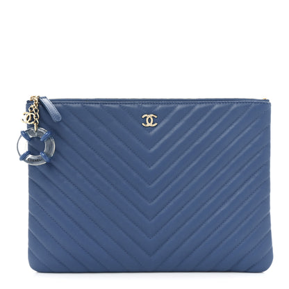 Chanel Lambskin Chevron Quilted Charms Medium Cosmetic Case Blue 1 of 15