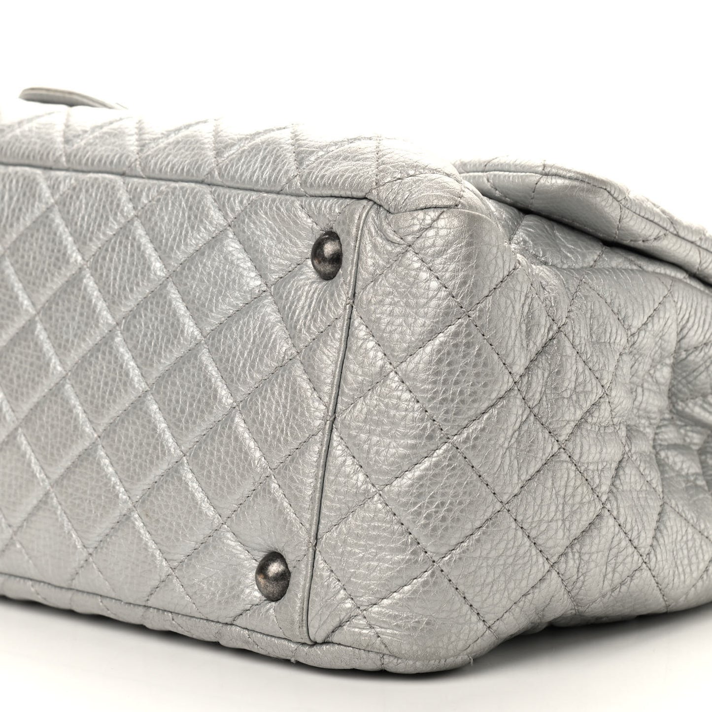 Metallic Calfskin Quilted XXL Travel Flap Bag Silver