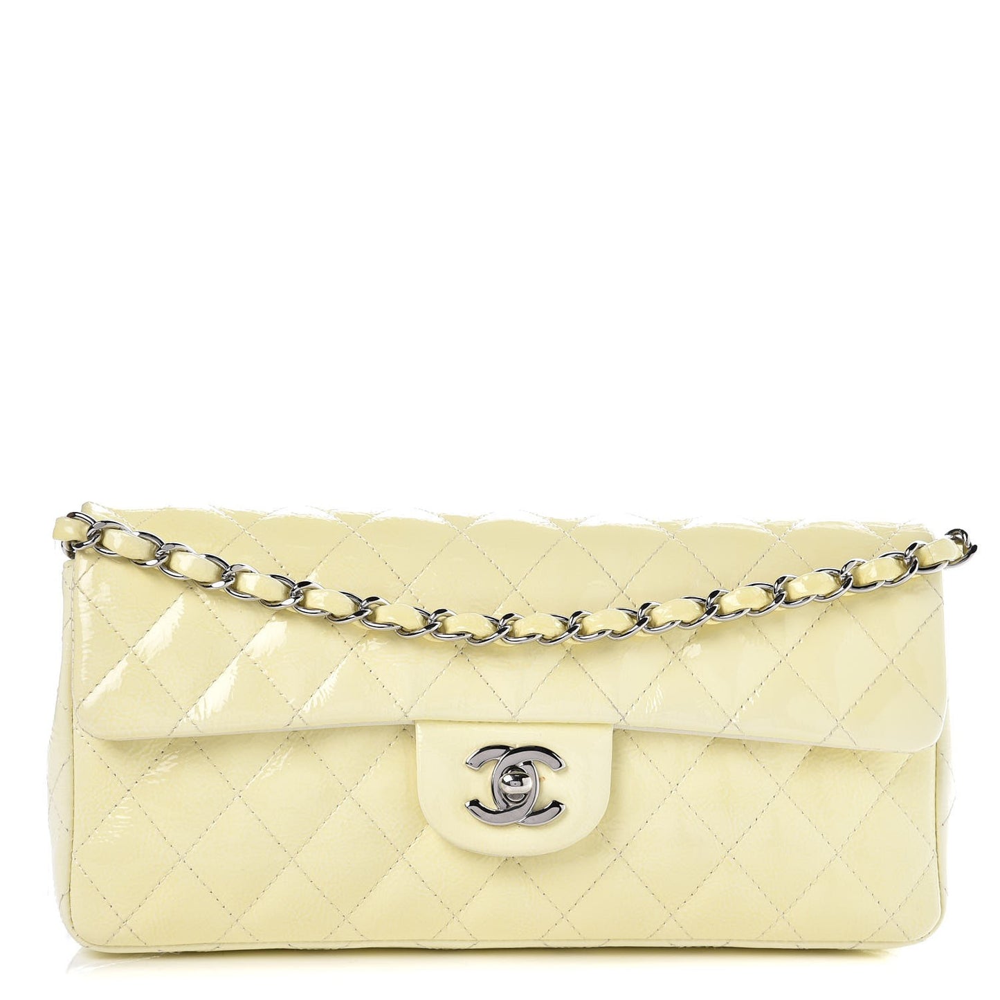 Distressed Patent Calfskin Quilted East West Flap Clutch Ivory