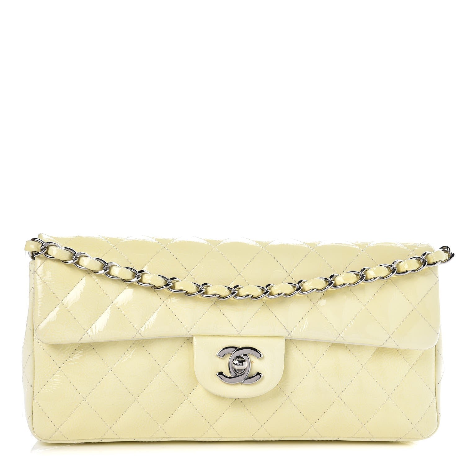 Chanel Distressed Patent Calfskin Quilted East West Flap Clutch Ivory 1 of 13