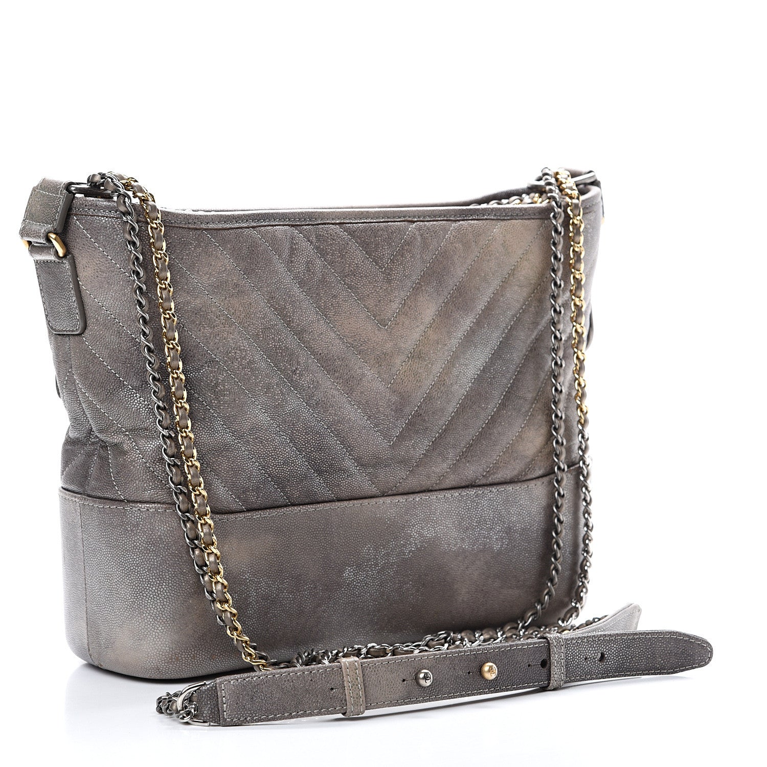 Chanel Metallic Caviar Chevron Quilted Medium Gabrielle Hobo Dark Silver Gold 2 of 10