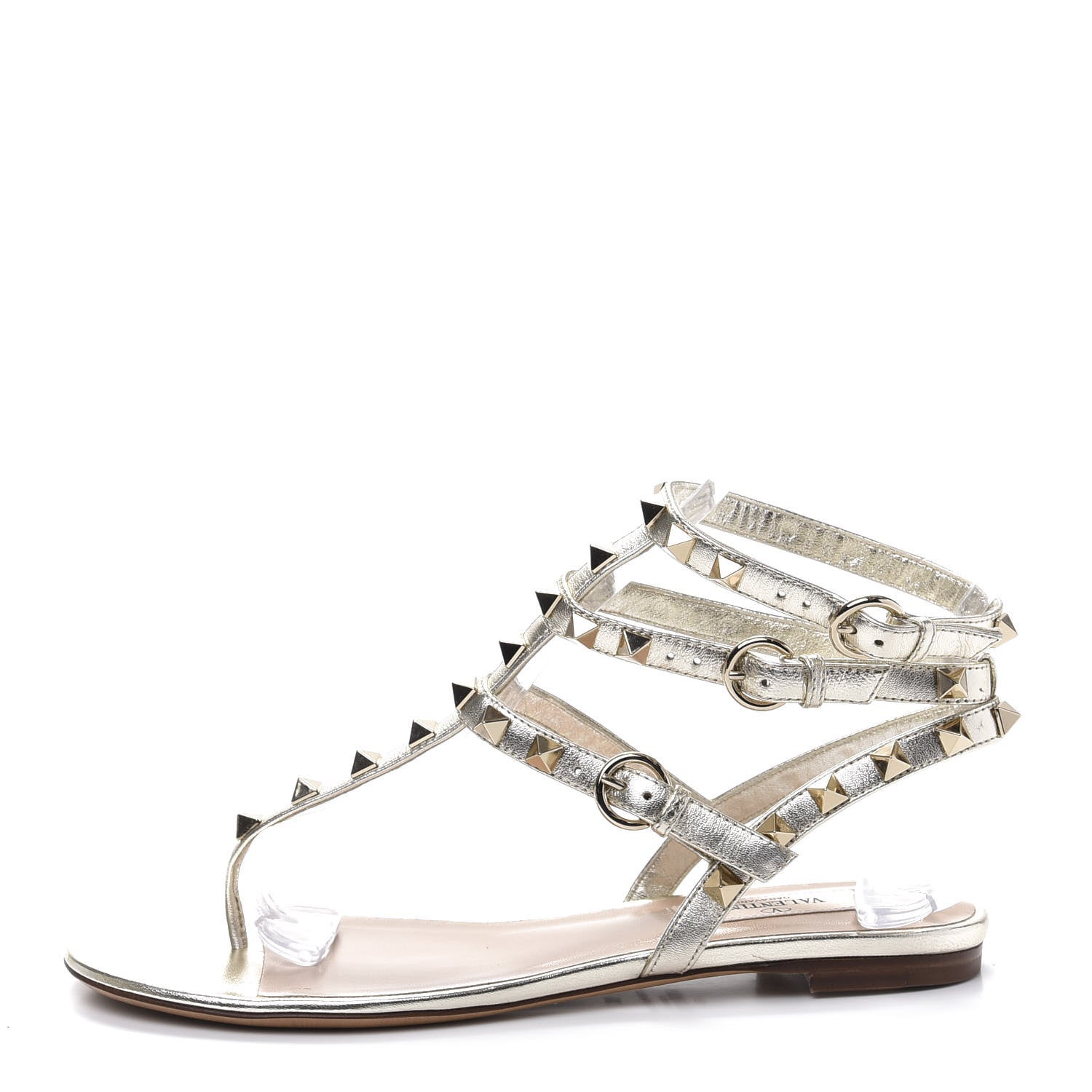 Valentino Garavani Metallic Nappa Rockstud Ankle Wrap Flat Thong Sandals 36 Platino 1 of 9