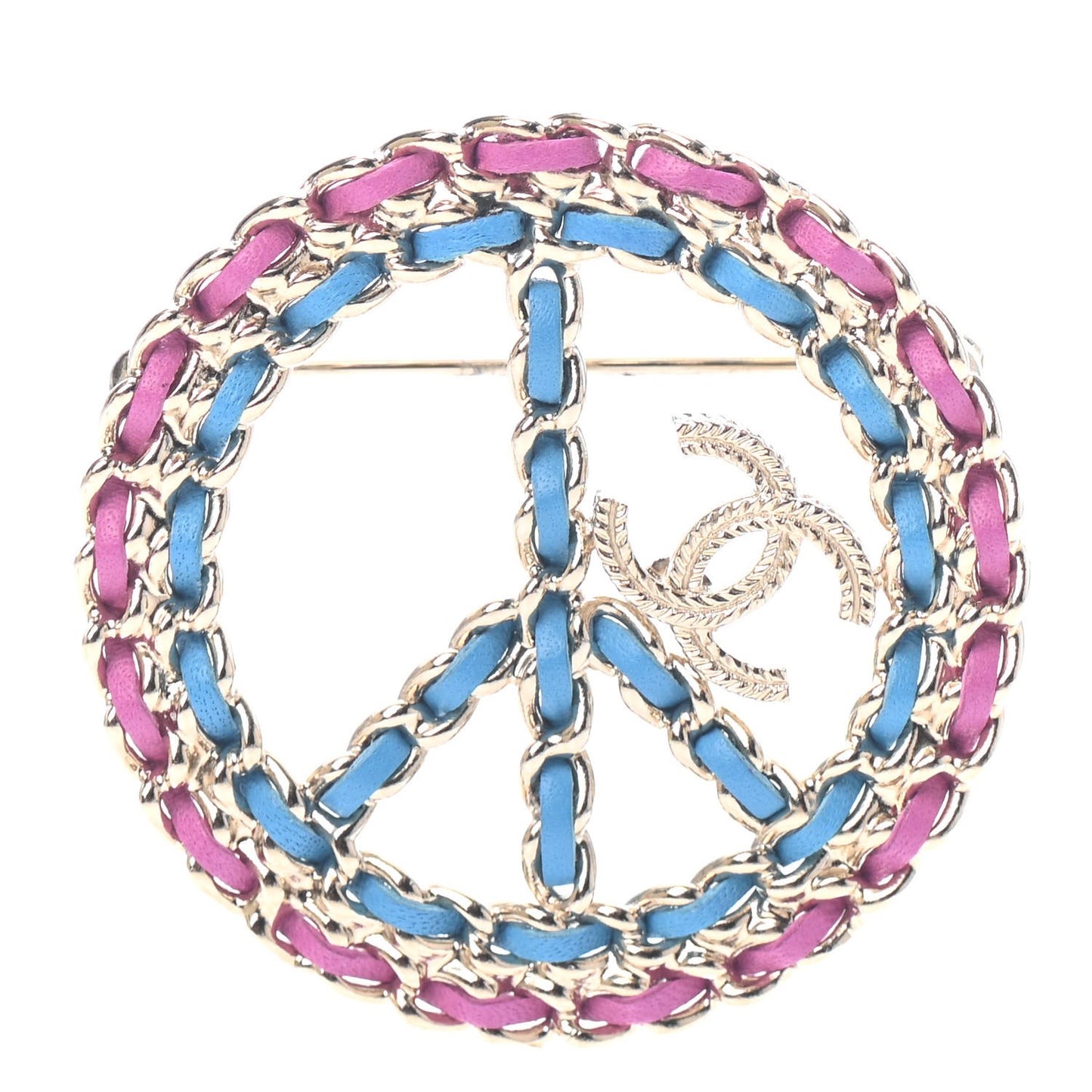 Metal Calfskin Braided Peace Sign CC Brooch Blue Purple Gold