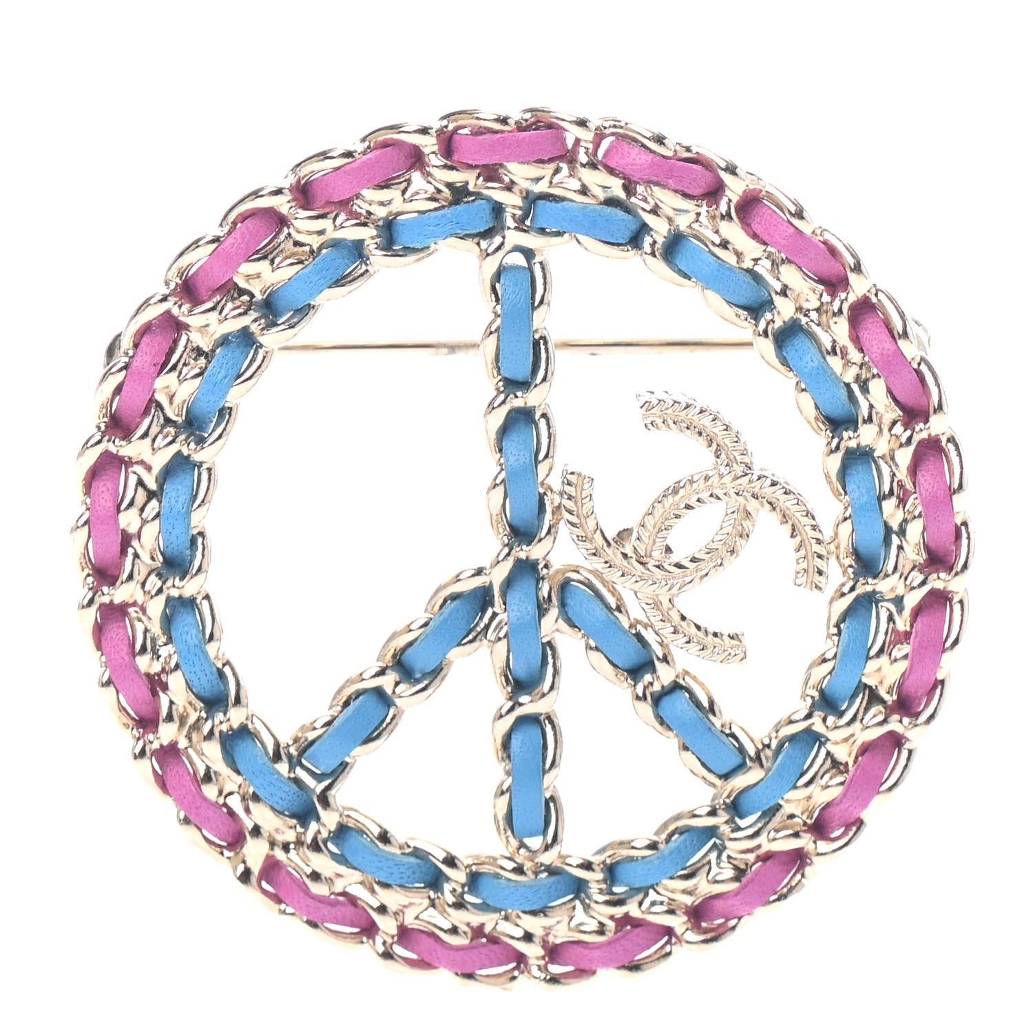 Chanel Metal Calfskin Braided Peace Sign CC Brooch Blue Purple Gold 1 of 3