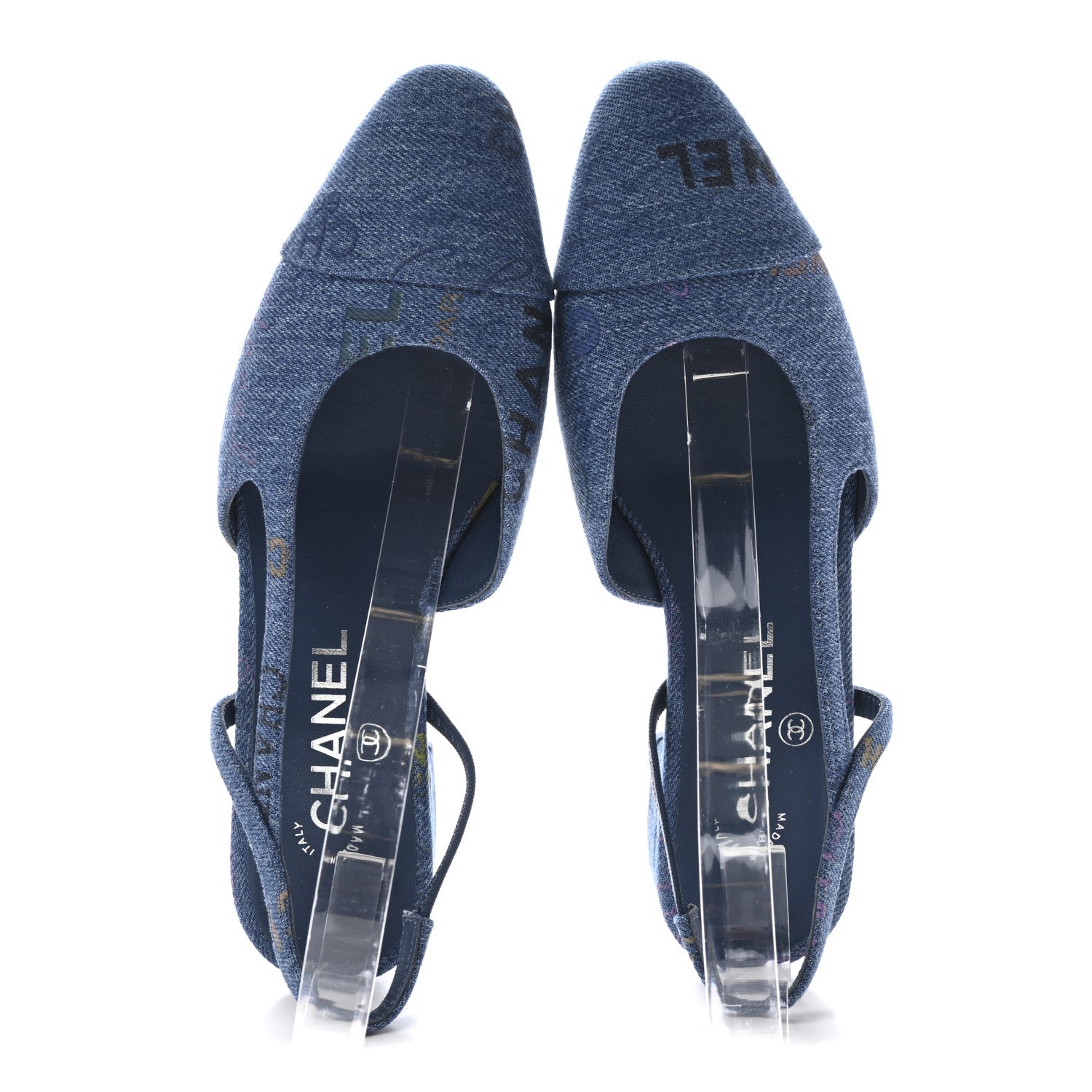 Chanel Denim Printed Denim Mood Cap Toe CC Slingback Flats 37 Light Blue Multicolor 2 of 9