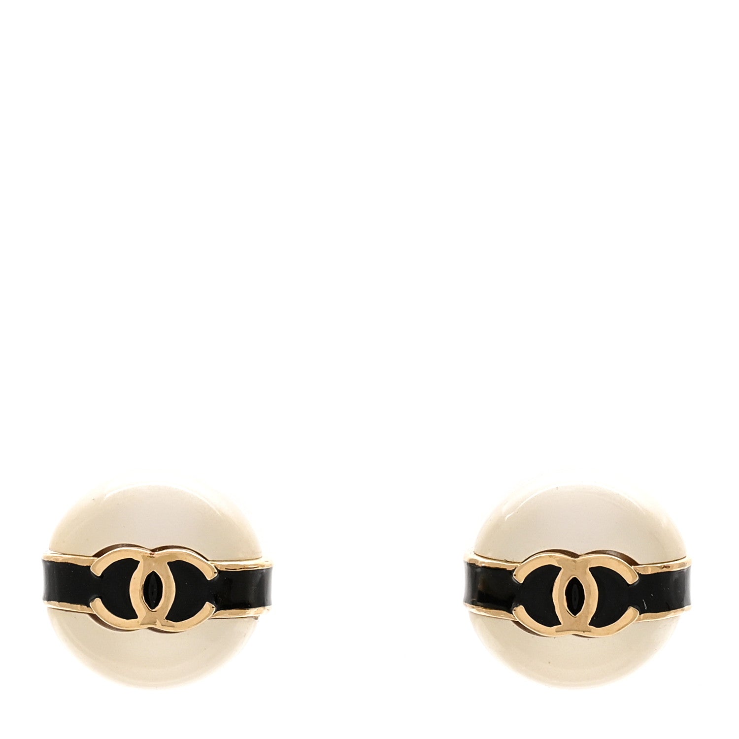 Chanel Pearl Metal CC Round Earrings White Black 1 of 5