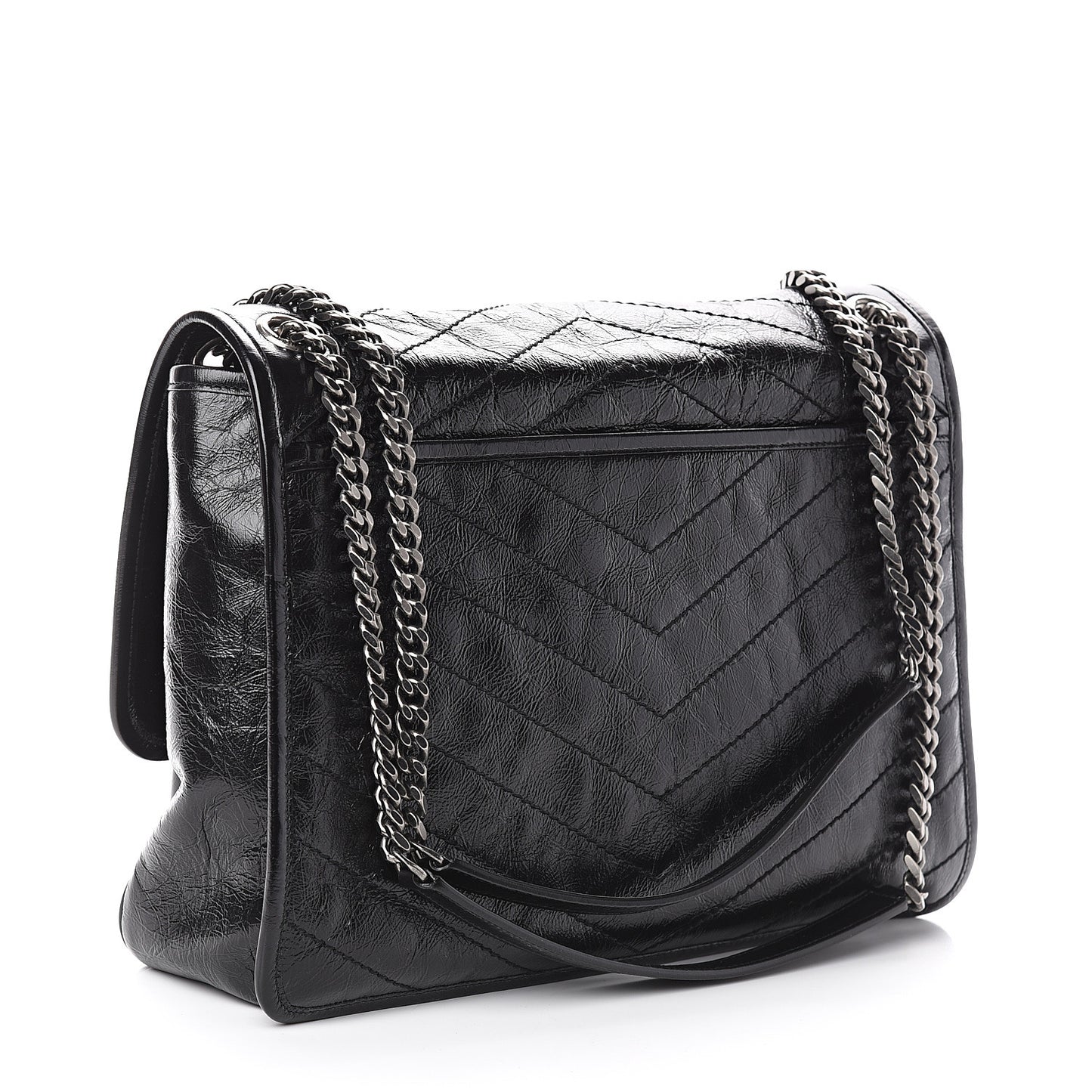 Crinkled Calfskin Matelasse Monogram Large Niki Chain Satchel Black
