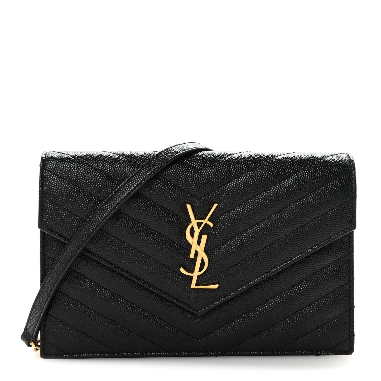 Grain De Poudre Matelasse Chevron Monogram Envelope Chain Wallet Black