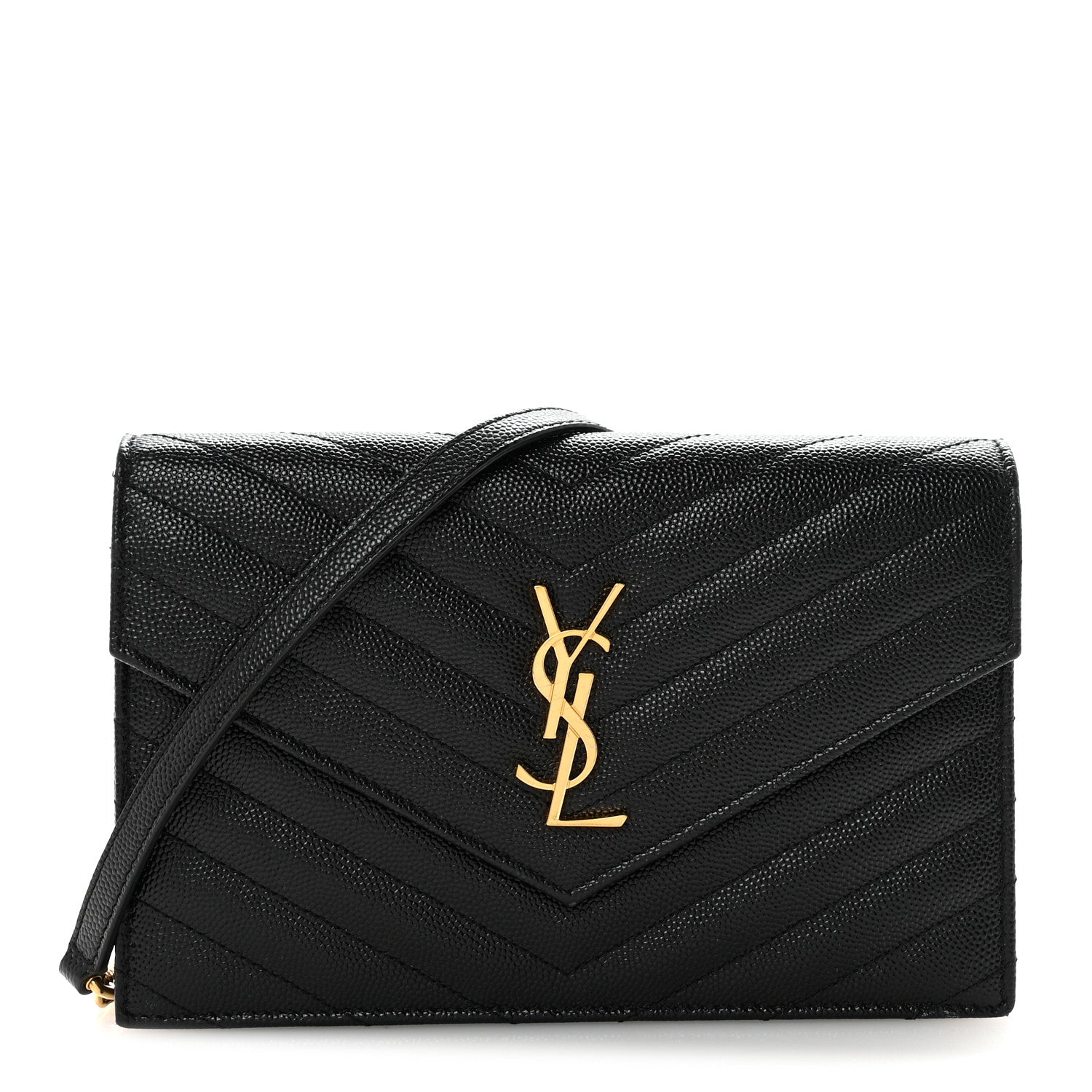 Saint Laurent Grain De Poudre Matelasse Chevron Monogram Envelope Chain Wallet Black 1 of 10