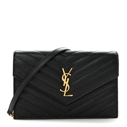 Saint Laurent Grain De Poudre Matelasse Chevron Monogram Envelope Chain Wallet Black 1 of 10
