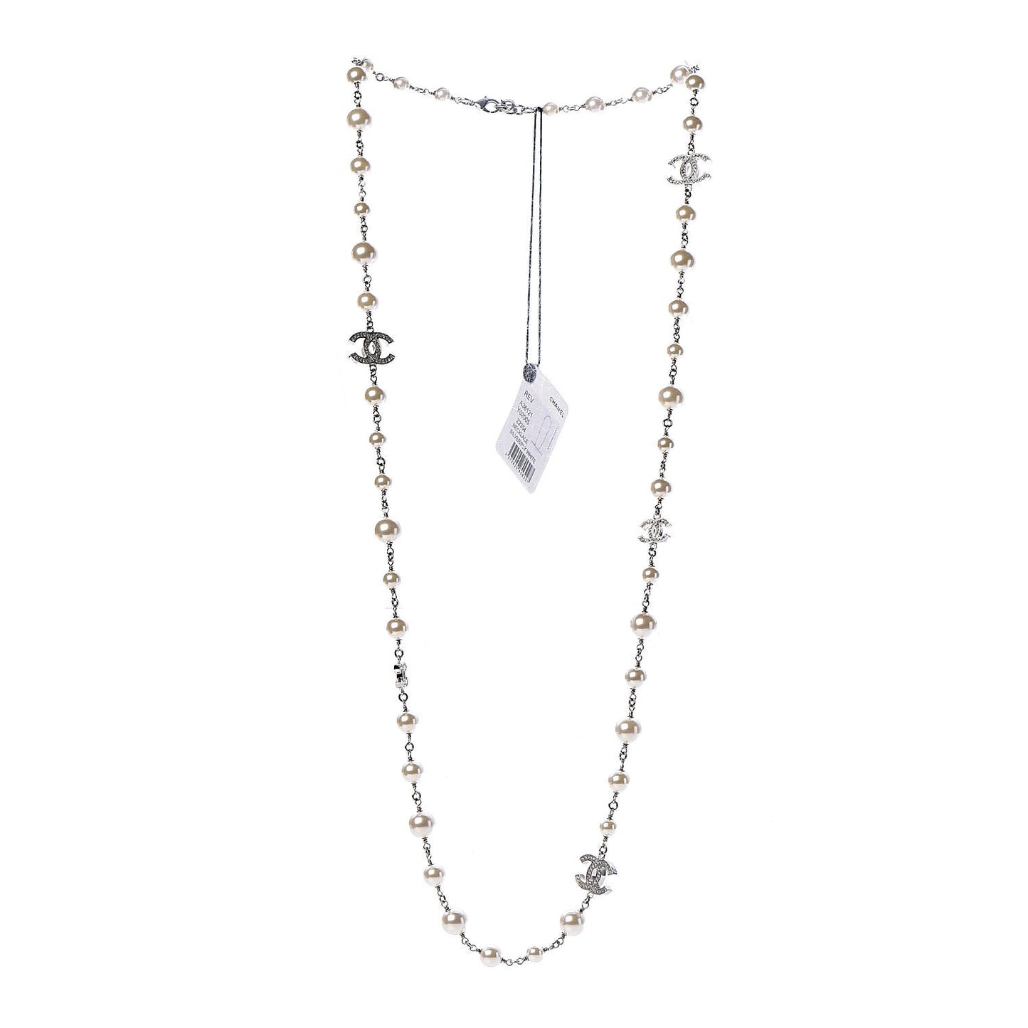 Graduated Pearl Crystal CC Long Necklace Silver
