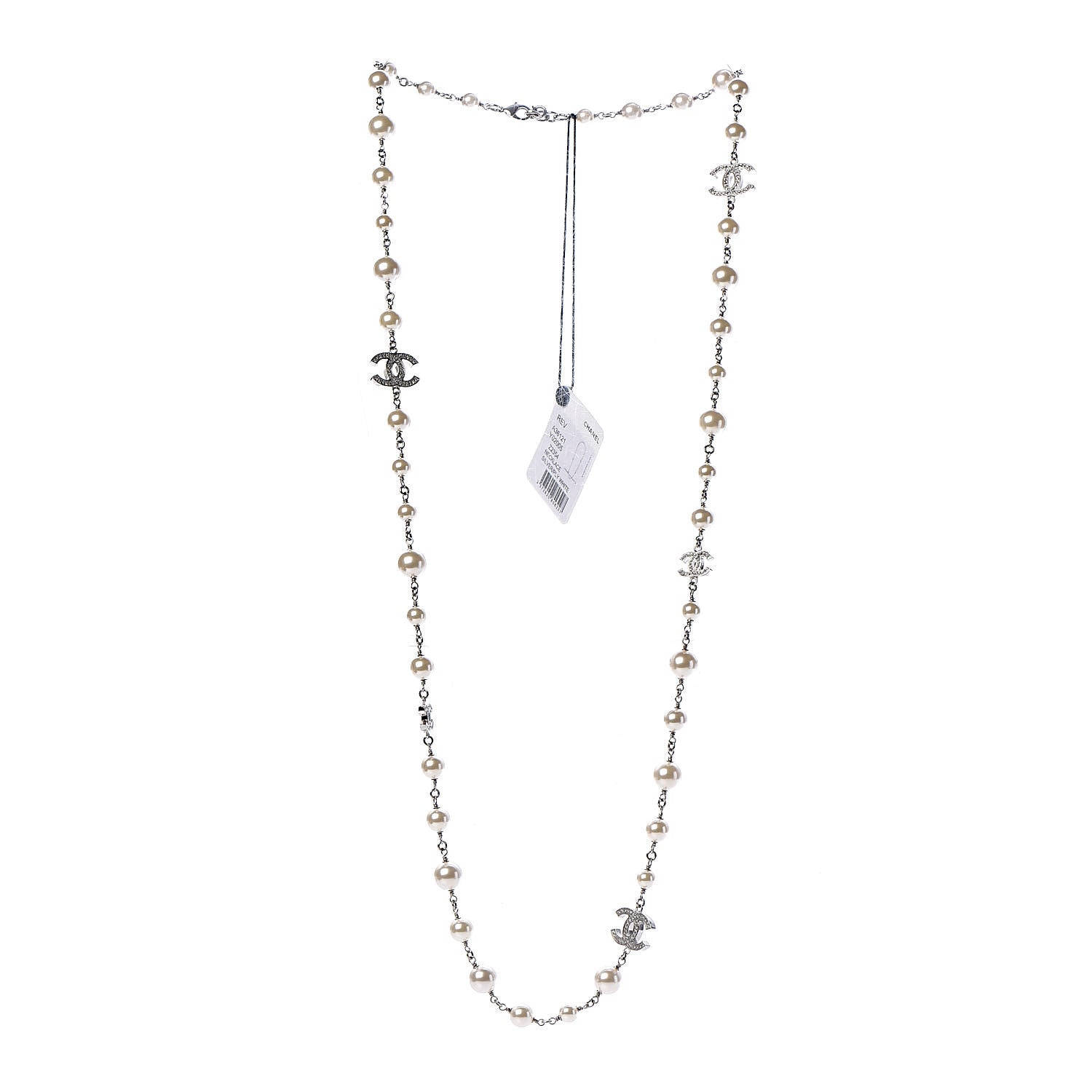 Chanel Graduated Pearl Crystal CC Long Necklace Silver 3 of 4