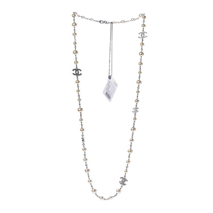 Chanel Graduated Pearl Crystal CC Long Necklace Silver 3 of 4