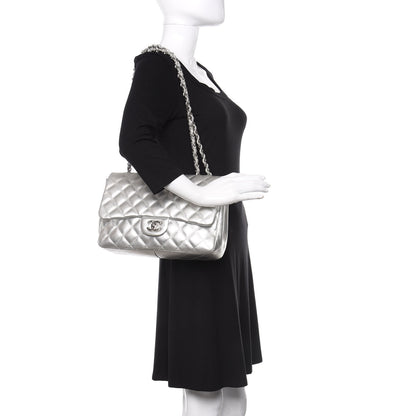 Chanel Metallic Lambskin Quilted Jumbo Single Flap Silver 2 of 10