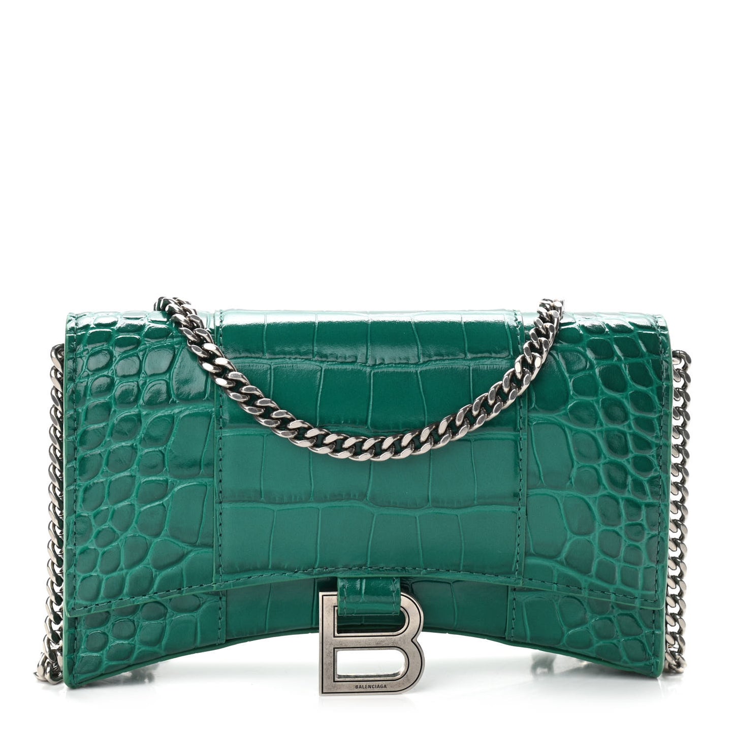 Shiny Calfskin Crocodile Embossed Hourglass Chain Bag Green