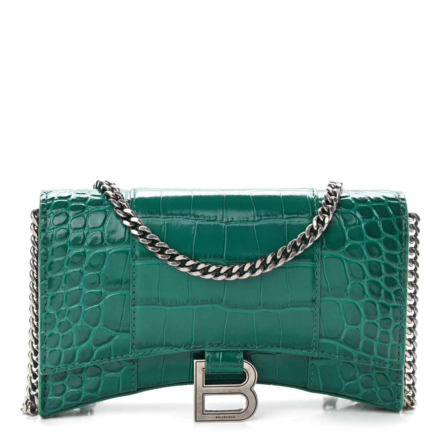 Balenciaga Shiny Calfskin Crocodile Embossed Hourglass Chain Bag Green 1 of 9