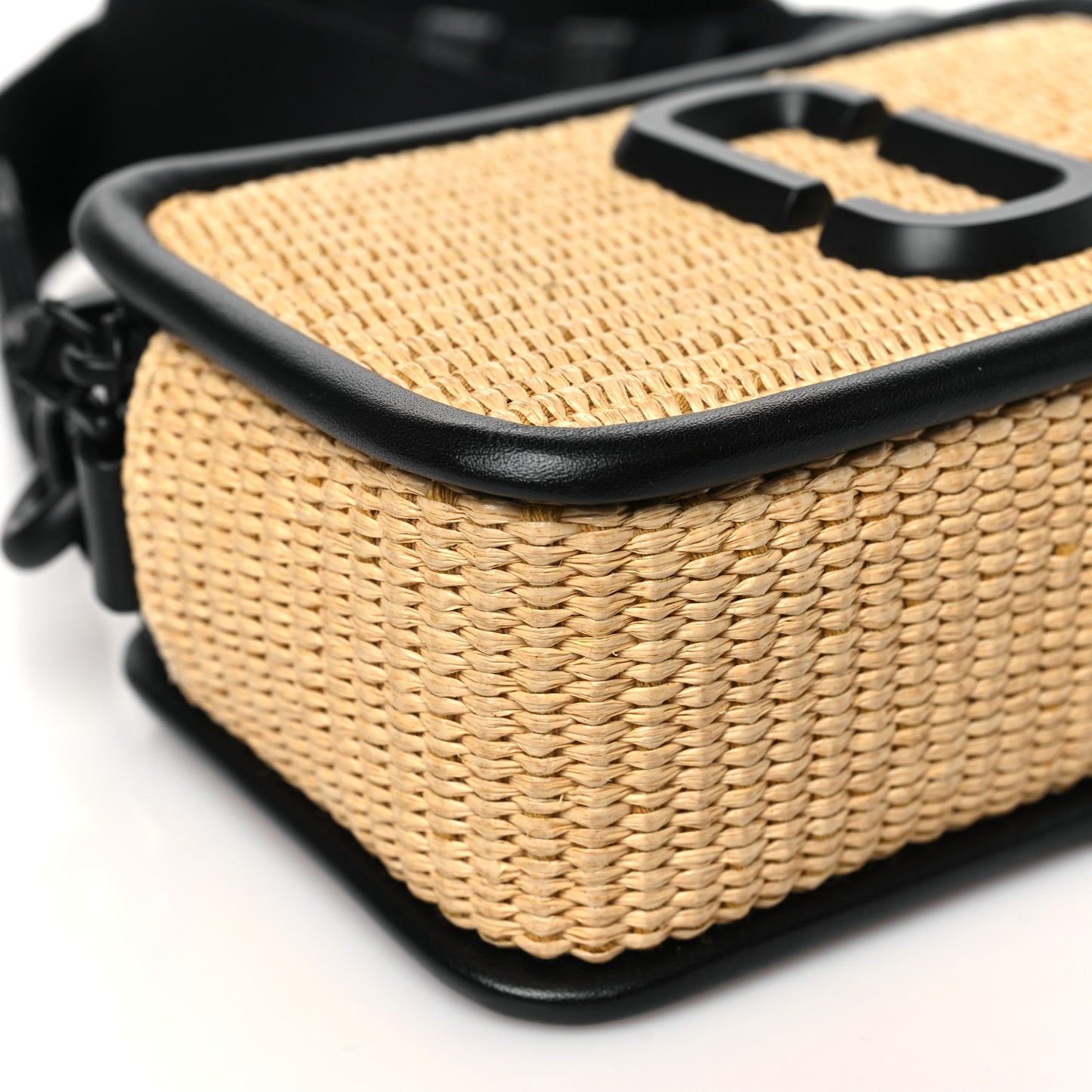 Calfskin Woven Straw Small Snapshot Camera Bag Beige