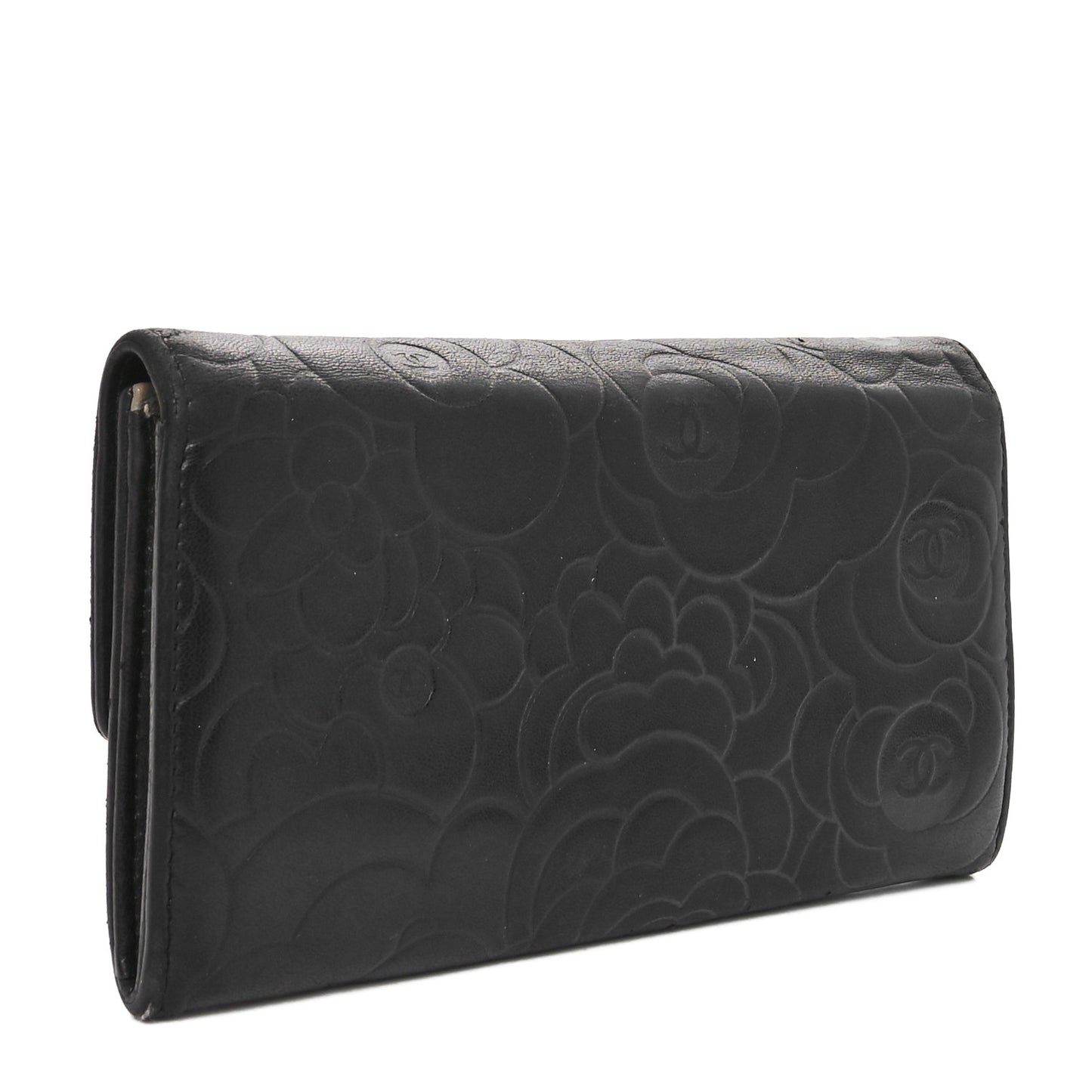 Lambskin Camellia Embossed Large Gusset Flap Wallet Black