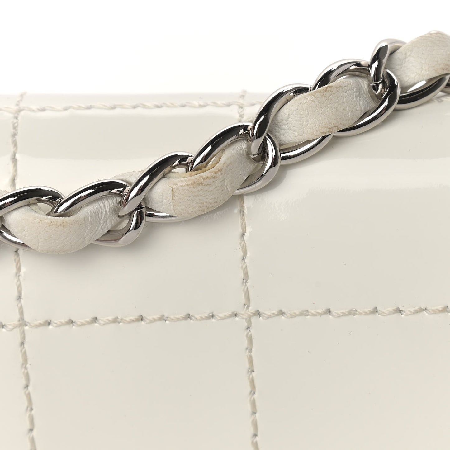 Patent Square Stitched CC Flap Clutch White