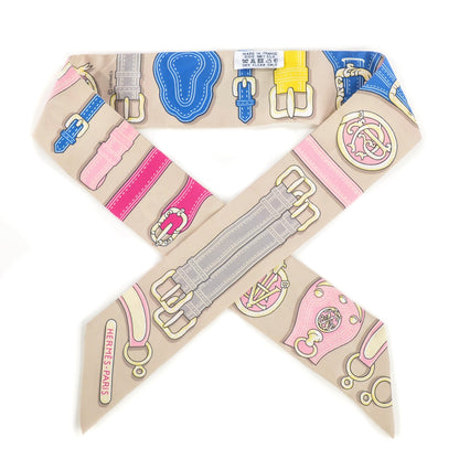 Hermes Silk Harnais des Presidents Twilly Beige Bleu Pink 1 of 6