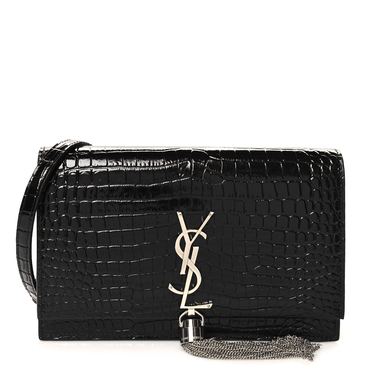 Saint Laurent Calfskin Crocodile Embossed Small Classic Monogram Kate Tassel Satchel Black 1 of 9