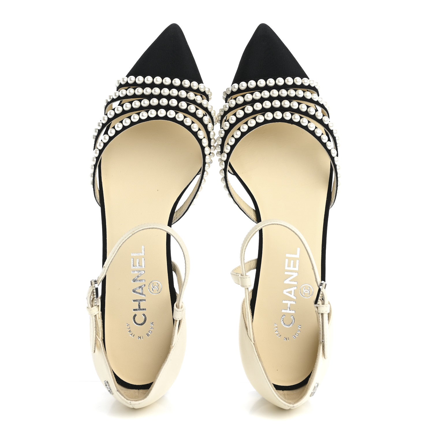 Chanel Lambskin Grosgrain Pearl Slingbacks 38.5 White Black 2 of 11