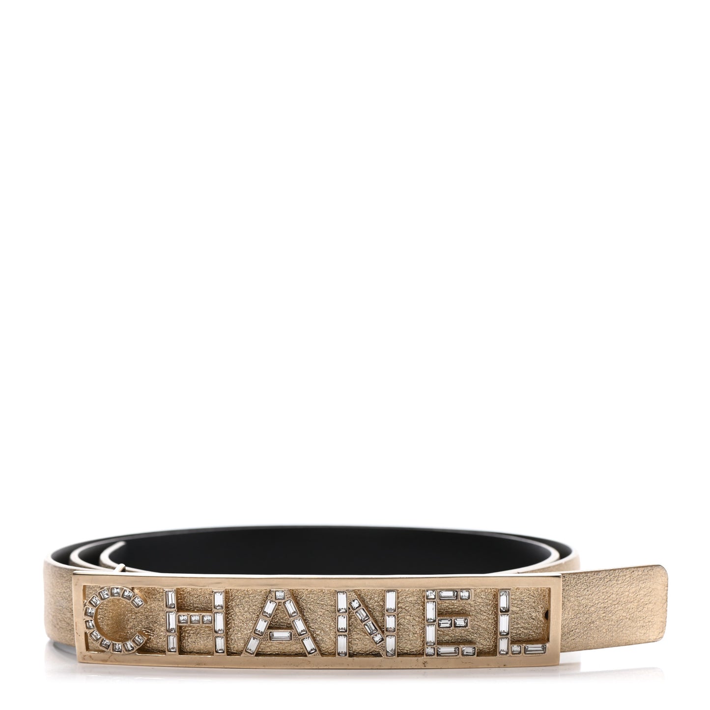 Metallic Lambskin Crystal Baguette Logo Belt 85 34 Gold