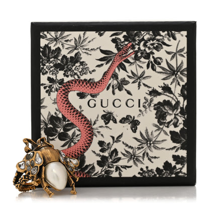 Gucci Metal Crystal Pearl Bee Ring M 56 7.5 Aged Gold 6 of 6