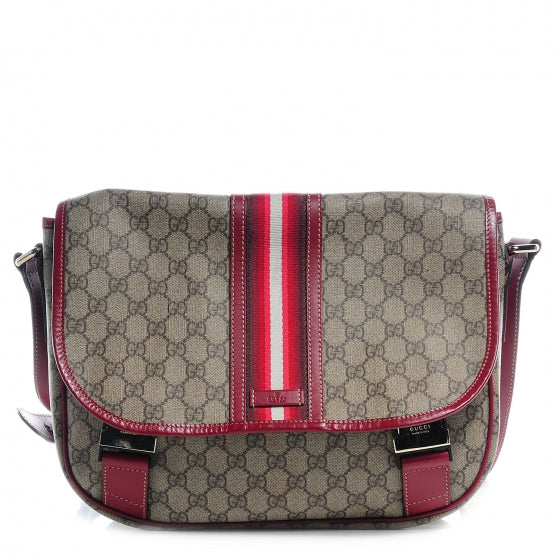 Gucci GG Plus Monogram Medium Double Buckle Flap Messenger Bag Beige Red 1 of 7