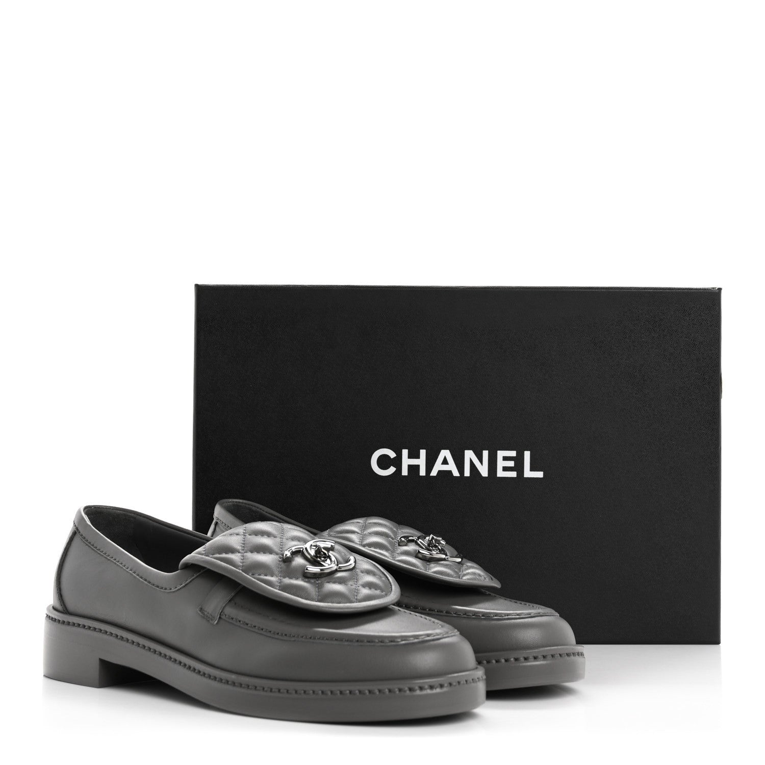 Chanel Lambskin Quilted CC Turnlock Loafers 38 Dark Grey 9 of 9