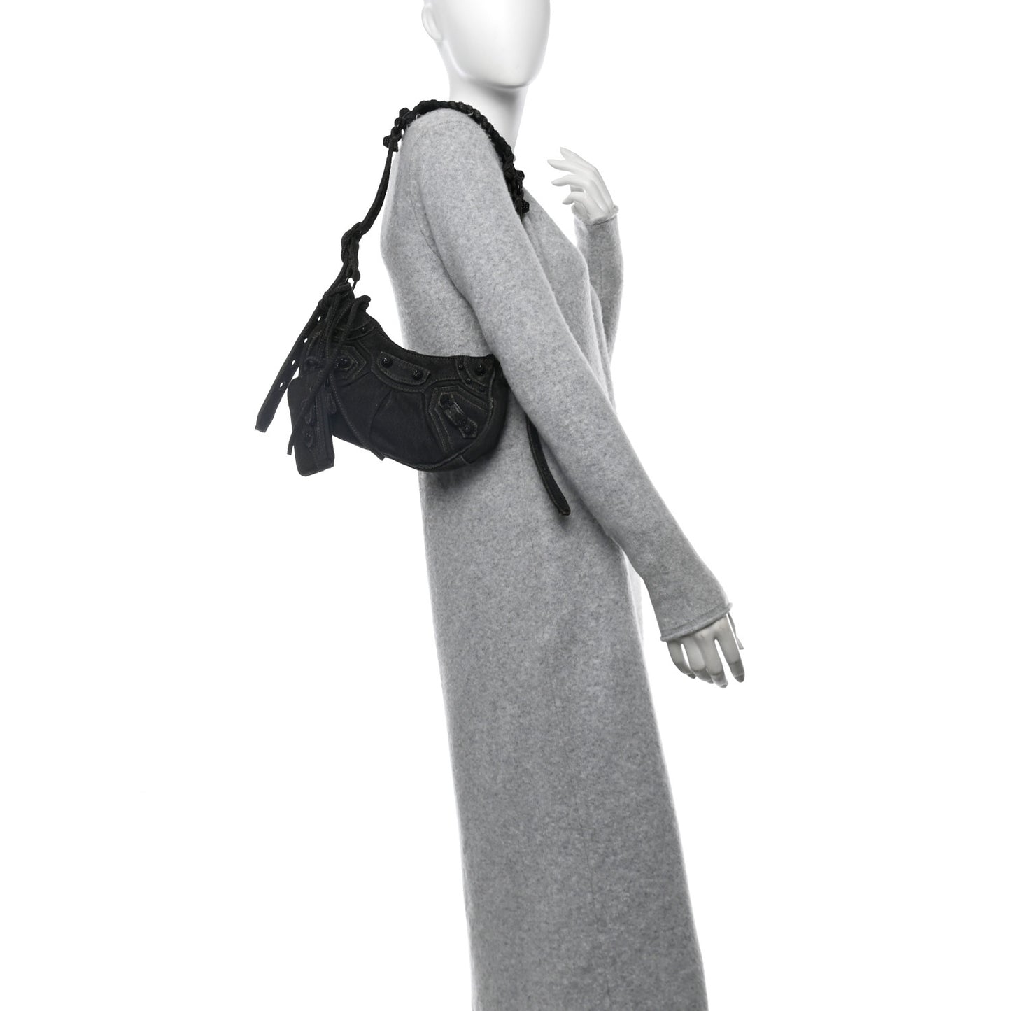 Washed Frayed Denim Crystal Le Cagole Shoulder Bag XS Black