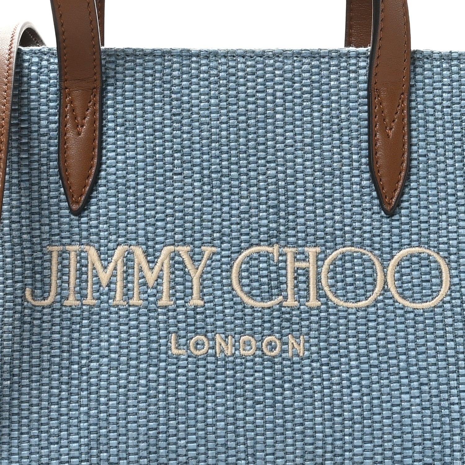 Jimmy Choo Raffia Canvas Logo Embroidered Mini Tote Smoky Blue Tan 7 of 10