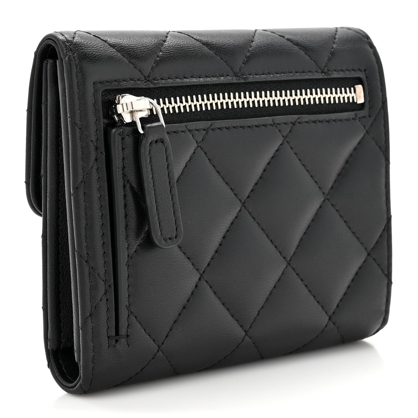 Lambskin Quilted Baguette Crystal Small Compact Wallet Black