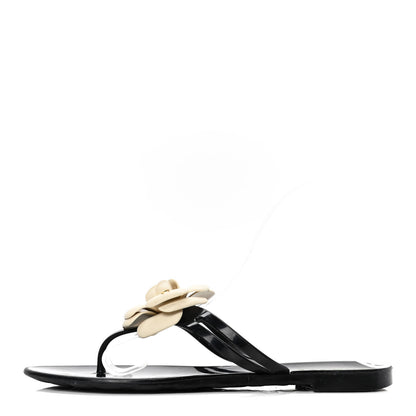 Chanel Jelly Camellia Thong Sandals 38 Black Ivory 1 of 5
