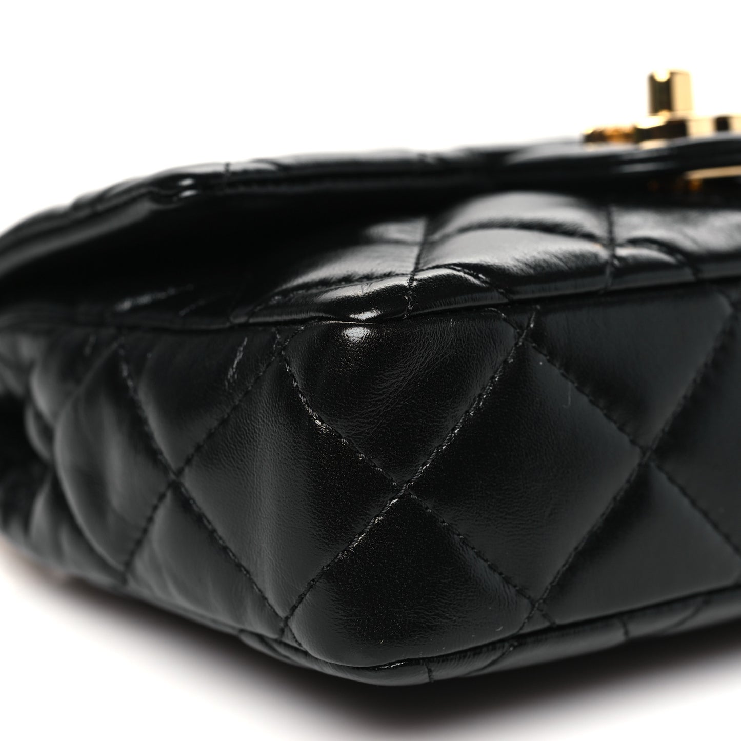 Shiny Lambskin Quilted Golden Links Top Handle Flap Black