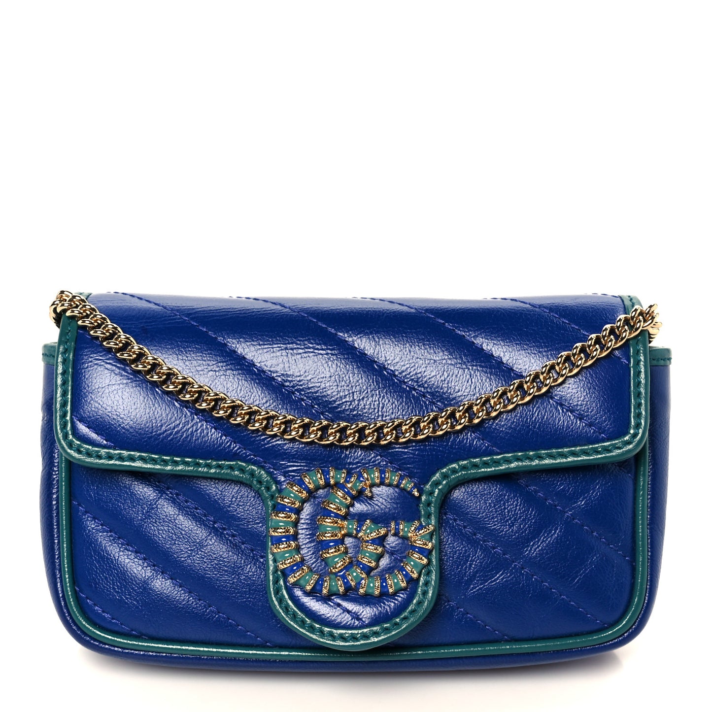 Azalea Calfskin Enamel Matelasse Diagonal Super Mini Torchon GG Marmont Shoulder Bag Imperial Blue Pavone