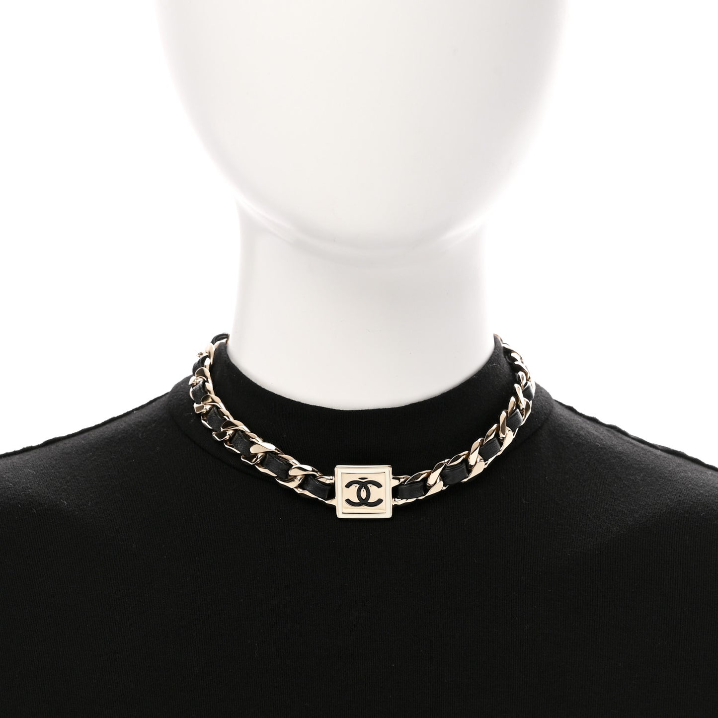Metal Lambskin CC Square Choker Gold Black White